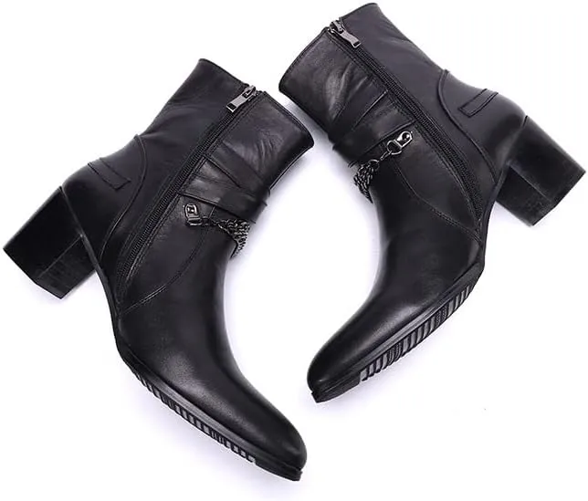 Men Ankle Boots Buckle Strap Decoration Genuine Leather Solid Black High Heel for Office Pure The First Layer of Cowhide