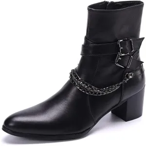Men Ankle Boots Buckle Strap Decoration Genuine Leather Solid Black High Heel for Office Pure The First Layer of Cowhide