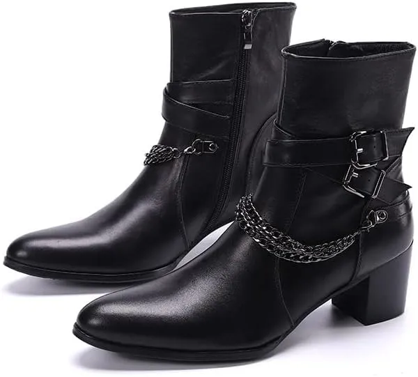 Men Ankle Boots Buckle Strap Decoration Genuine Leather Solid Black High Heel for Office Pure The First Layer of Cowhide