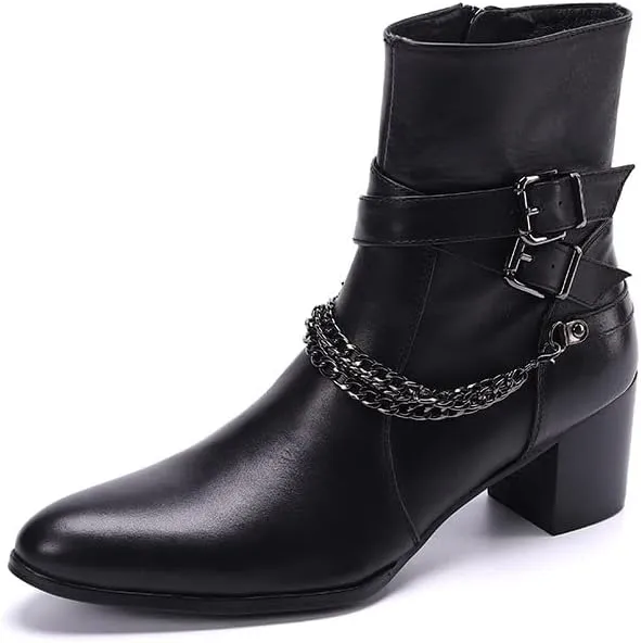 Men Ankle Boots Buckle Strap Decoration Genuine Leather Solid Black High Heel for Office Pure The First Layer of Cowhide