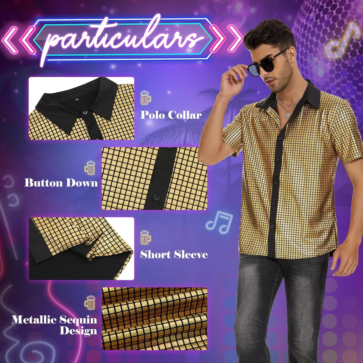 Mens 70S Disco Outfits Sequin Shirt Short Sleeve Button Down Shirts Party Novelty Shirts Nightclub Christmas Prom Costume