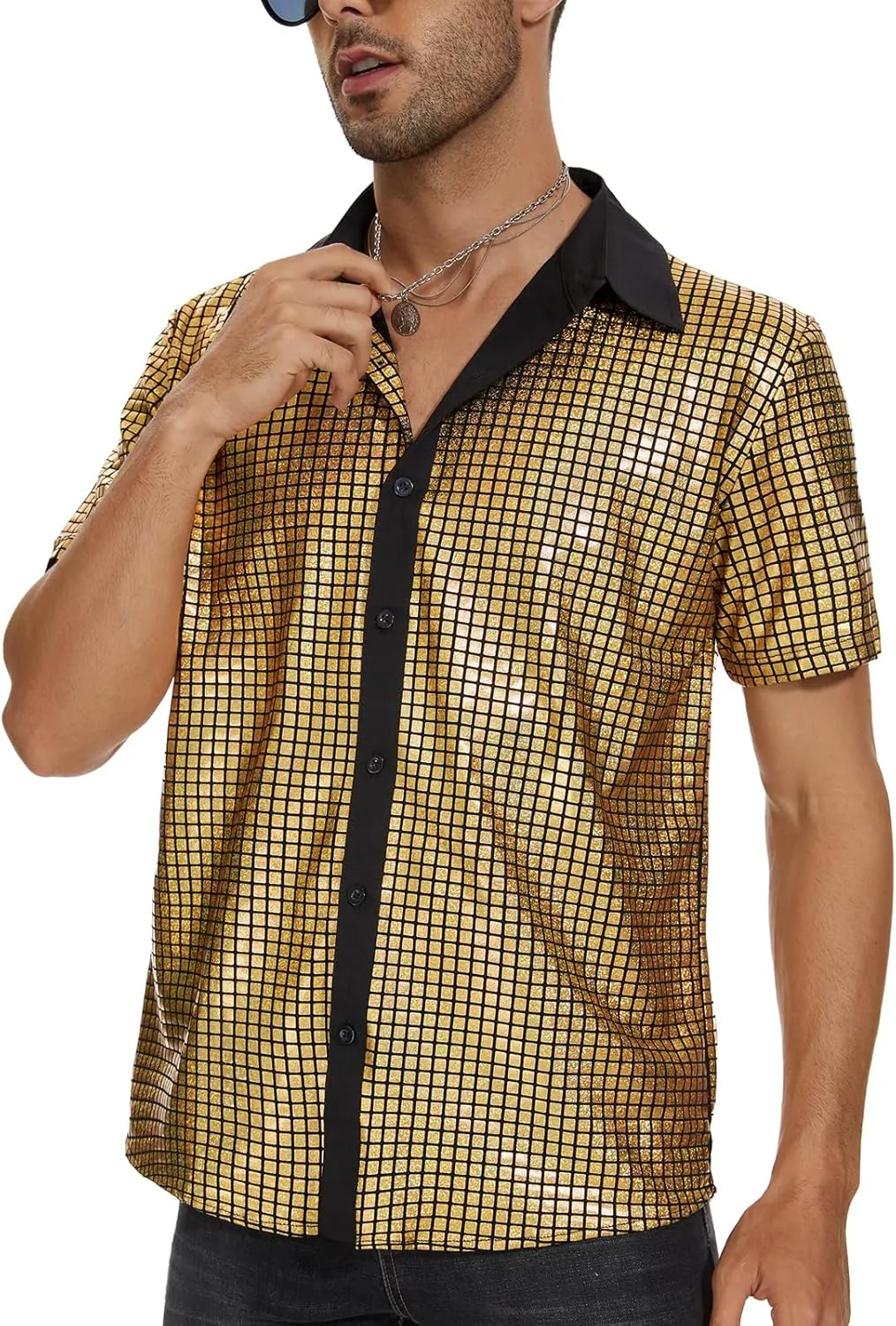 Mens 70S Disco Outfits Sequin Shirt Short Sleeve Button Down Shirts Party Novelty Shirts Nightclub Christmas Prom Costume
