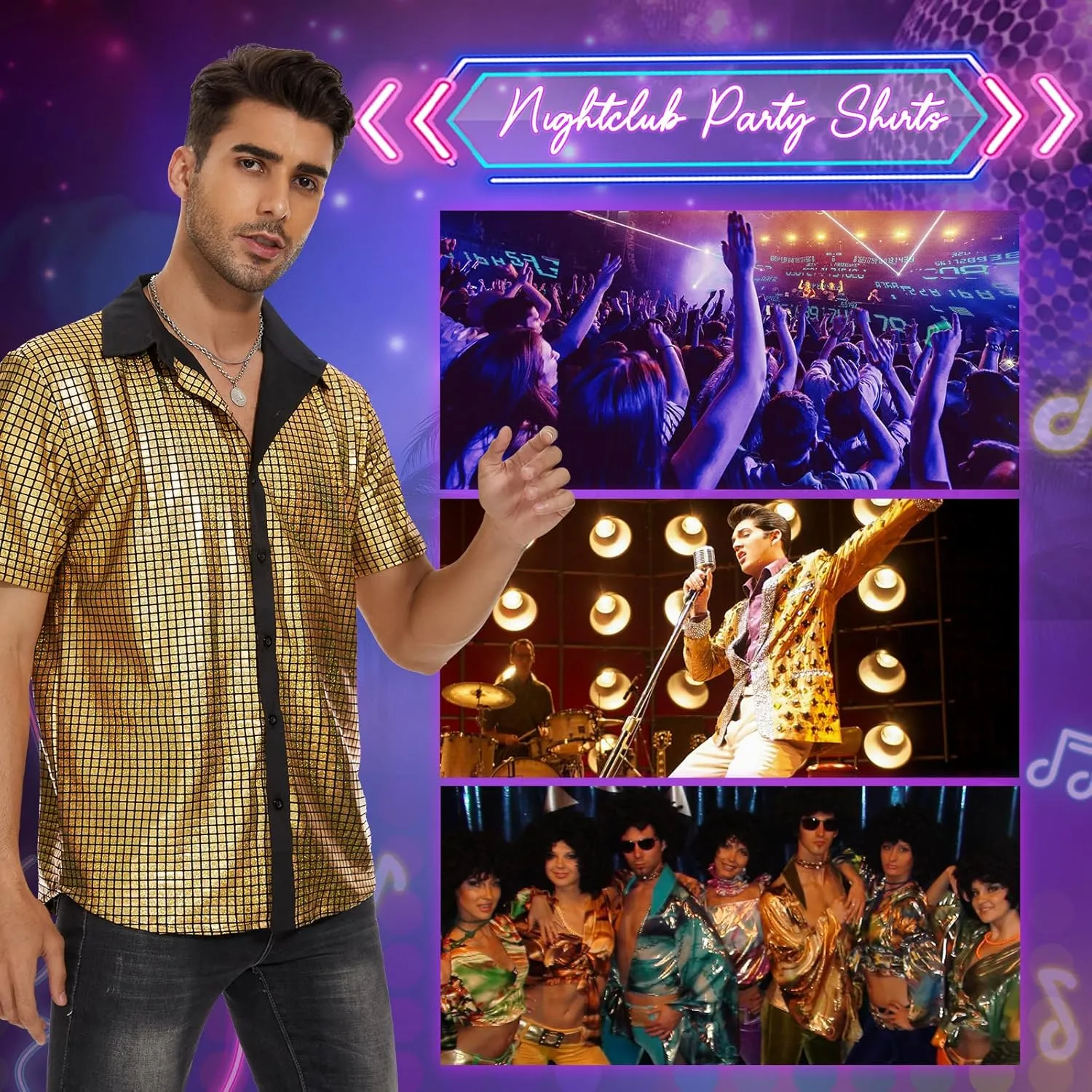 Mens 70S Disco Outfits Sequin Shirt Short Sleeve Button Down Shirts Party Novelty Shirts Nightclub Christmas Prom Costume