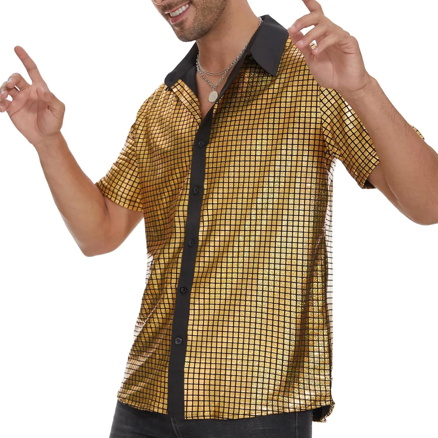 Mens 70S Disco Outfits Sequin Shirt Short Sleeve Button Down Shirts Party Novelty Shirts Nightclub Christmas Prom Costume