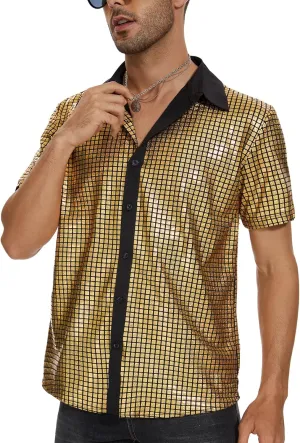 Mens 70S Disco Outfits Sequin Shirt Short Sleeve Button Down Shirts Party Novelty Shirts Nightclub Christmas Prom Costume