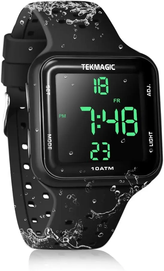Mens Boys Swimming Diving Watch 10 ATM Waterproof 100m Underwater Digital Sports Watch with Chronograph, Stopwatch, Dual Time Zone, 12/24 Hour Format, W23-CUS-BK