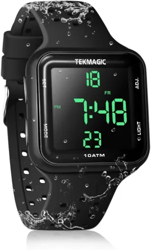 Mens Boys Swimming Diving Watch 10 ATM Waterproof 100m Underwater Digital Sports Watch with Chronograph, Stopwatch, Dual Time Zone, 12/24 Hour Format, W23-CUS-BK