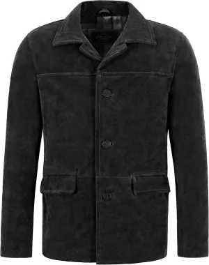 Men's Classic Collar Cow Suede Leather Box Button Fashion Coat Jacket Brant 7742 (3XL, Black)