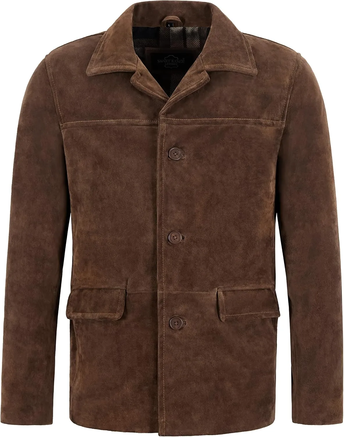Men's Classic Collar Cow Suede Leather Box Button Fashion Coat Jacket Brant 7742 (X-L, Brown)