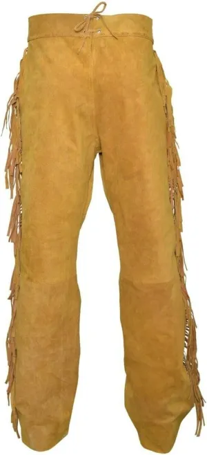 Men's Cowboy Buckskin Suede Leather Western Pant with Fringe