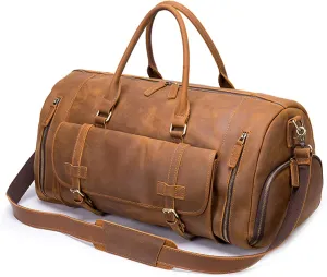 Men's Genuine Leather Handbag Large Capacity Crazy Horse Leather Travel Duffle Crossbody Bags for Vacations Camping (Brown 1)