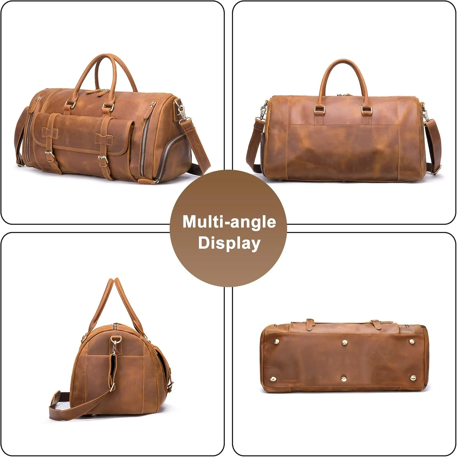 Men's Genuine Leather Handbag Large Capacity Crazy Horse Leather Travel Duffle Crossbody Bags for Vacations Camping (Brown 1)