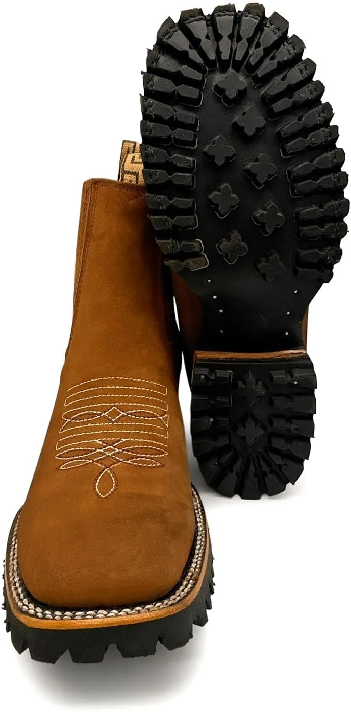 Mens Leather Square Toe Western Ankle Boot
