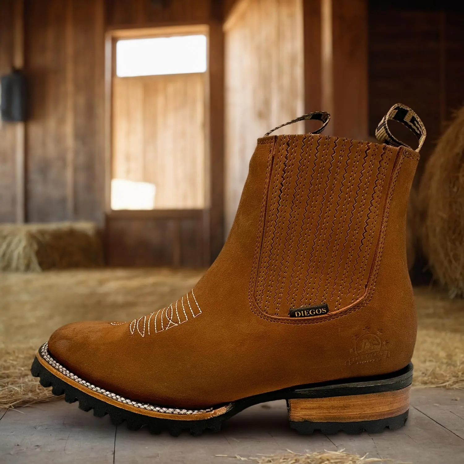 Mens Leather Square Toe Western Ankle Boot