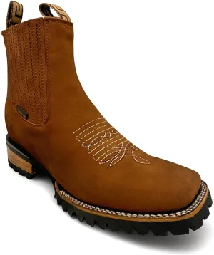 Mens Leather Square Toe Western Ankle Boot