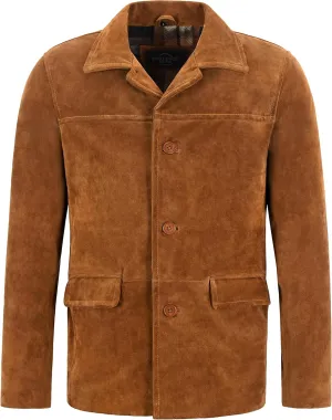 Men’s Real Cow Suede Leather Box Button Fashion Coat Tan Classic Collar Jacket 7742, Tan, Medium