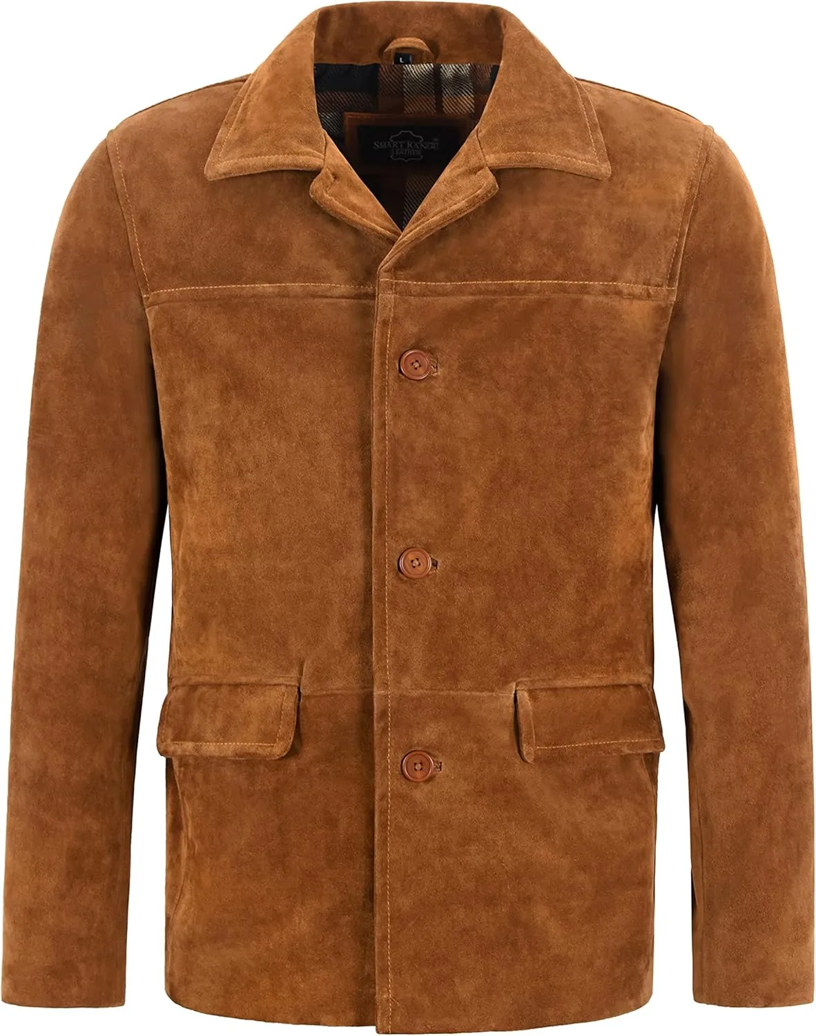 Men’s Real Cow Suede Leather Box Button Fashion Coat Tan Classic Collar Jacket 7742, Tan, Medium