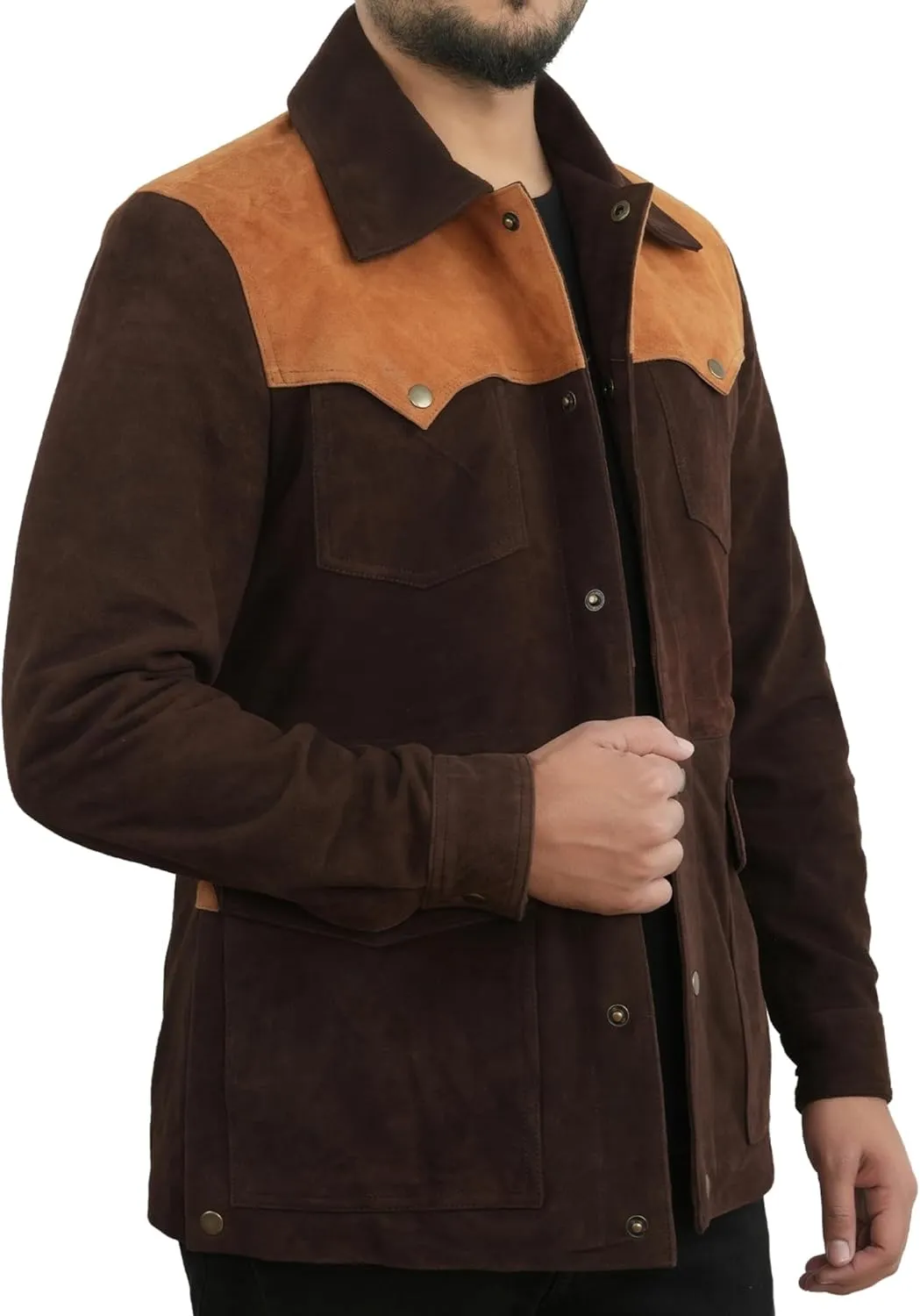 Men's Suede Leather Jacket | Genuine Suede Leather Trucker Jacket Shirt Collar Slim Fit Denim Style
