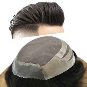 Mens Toupee Wig Human Hair System Replacement for Men Fine Mono Mens Hairpiece Poly PU Skin Hair Unit Prosthesis for Men Durable (8"X10", #1 Jet Black-130% Medium Density)