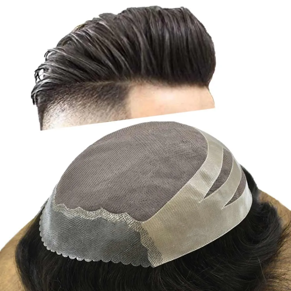 Mens Toupee Wig Human Hair System Replacement for Men Fine Mono Mens Hairpiece Poly PU Skin Hair Unit Prosthesis for Men Durable (8"X10", #1 Jet Black-130% Medium Density)