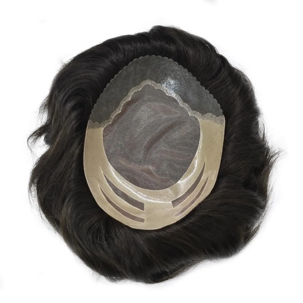 Mens Toupee Wig Human Hair System Replacement for Men Fine Mono Mens Hairpiece Poly PU Skin Hair Unit Prosthesis for Men Durable (8"X10", #1 Jet Black-130% Medium Density)