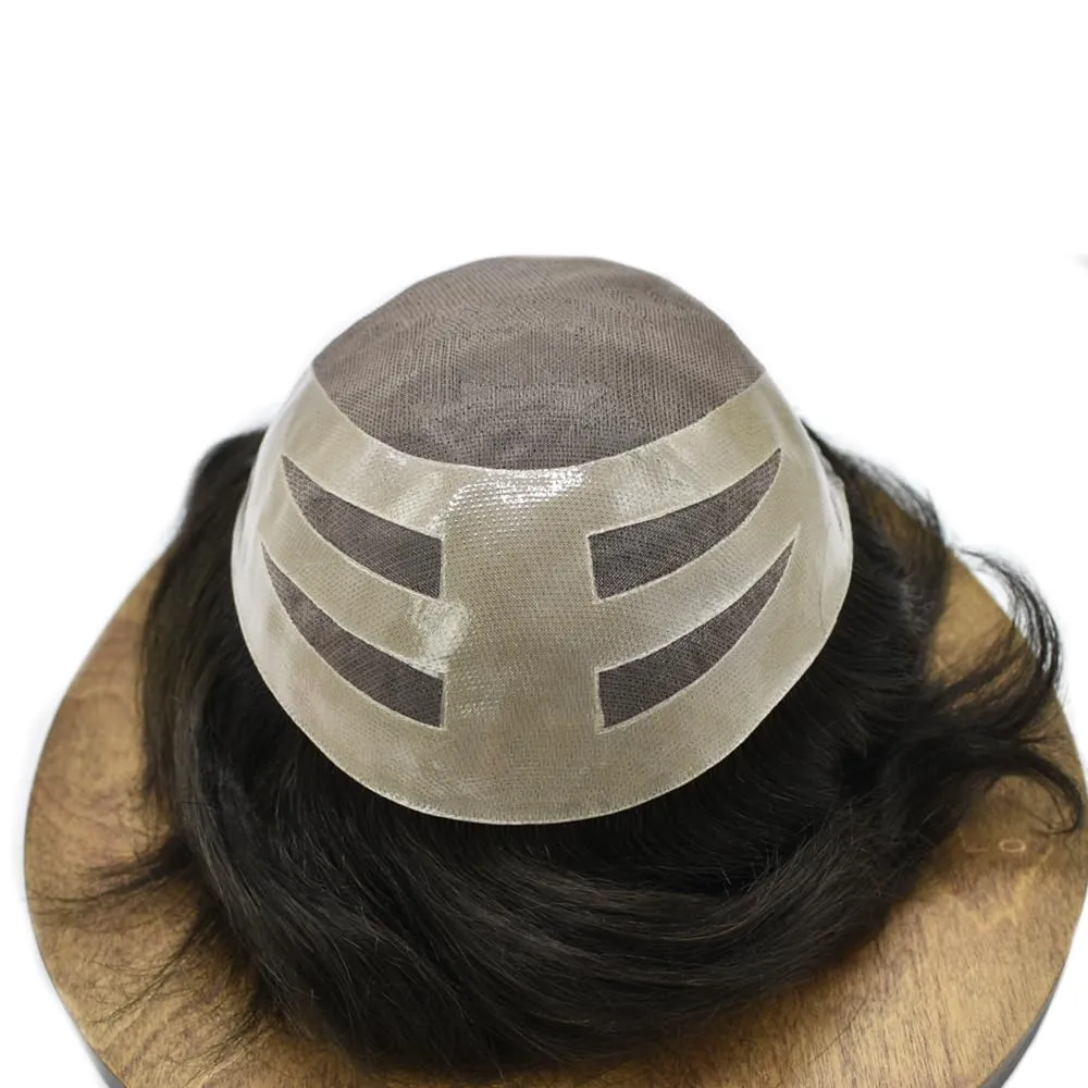 Mens Toupee Wig Human Hair System Replacement for Men Fine Mono Mens Hairpiece Poly PU Skin Hair Unit Prosthesis for Men Durable (8"X10", #1 Jet Black-130% Medium Density)
