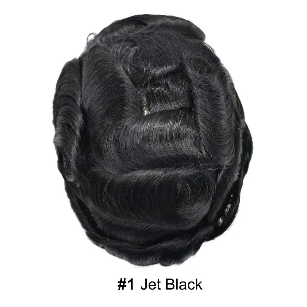 Mens Toupee Wig Human Hair System Replacement for Men Fine Mono Mens Hairpiece Poly PU Skin Hair Unit Prosthesis for Men Durable (8"X10", #1 Jet Black-130% Medium Density)