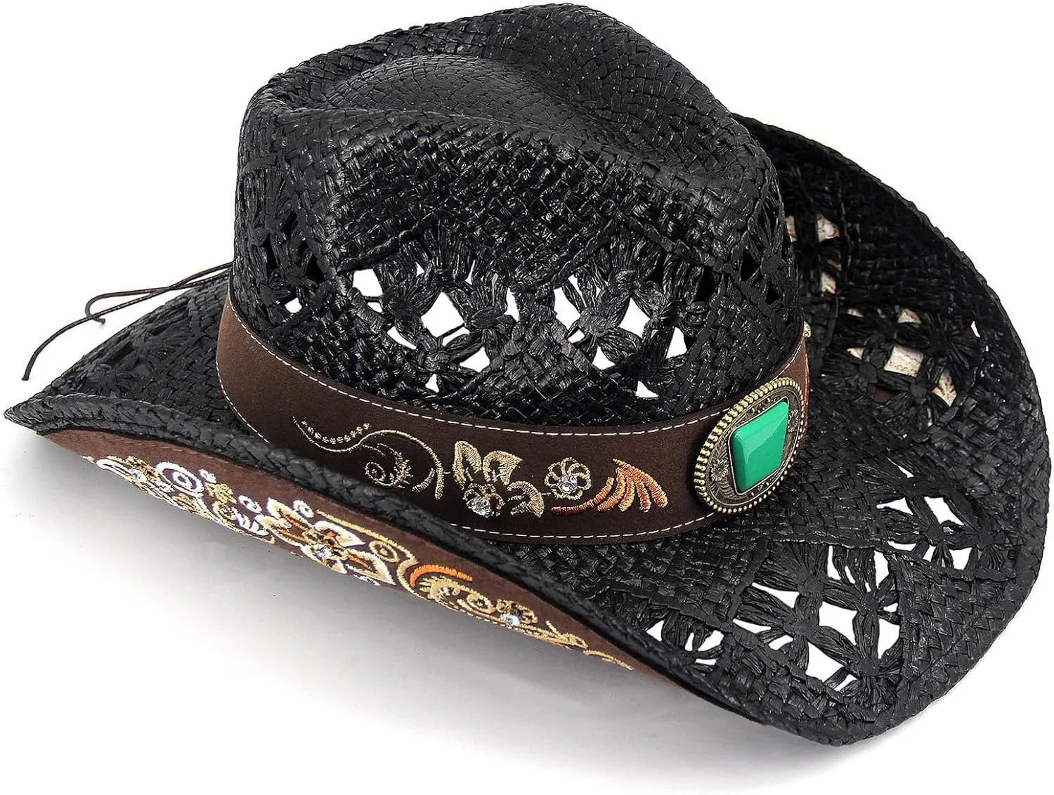 Men's Western Cowboy Hats，Women Cowgirl Straw Hats，Faux Suede Embroidered Sun Hats