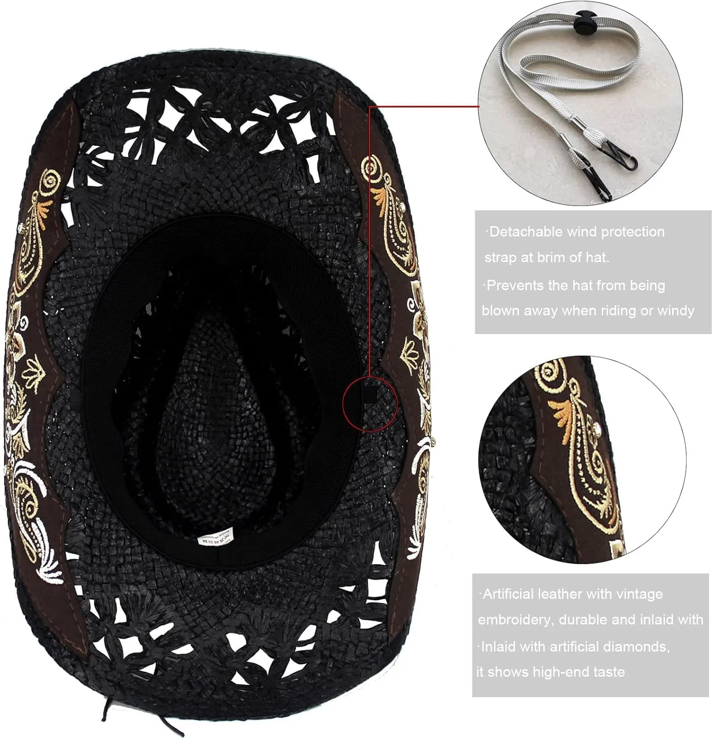 Men's Western Cowboy Hats，Women Cowgirl Straw Hats，Faux Suede Embroidered Sun Hats
