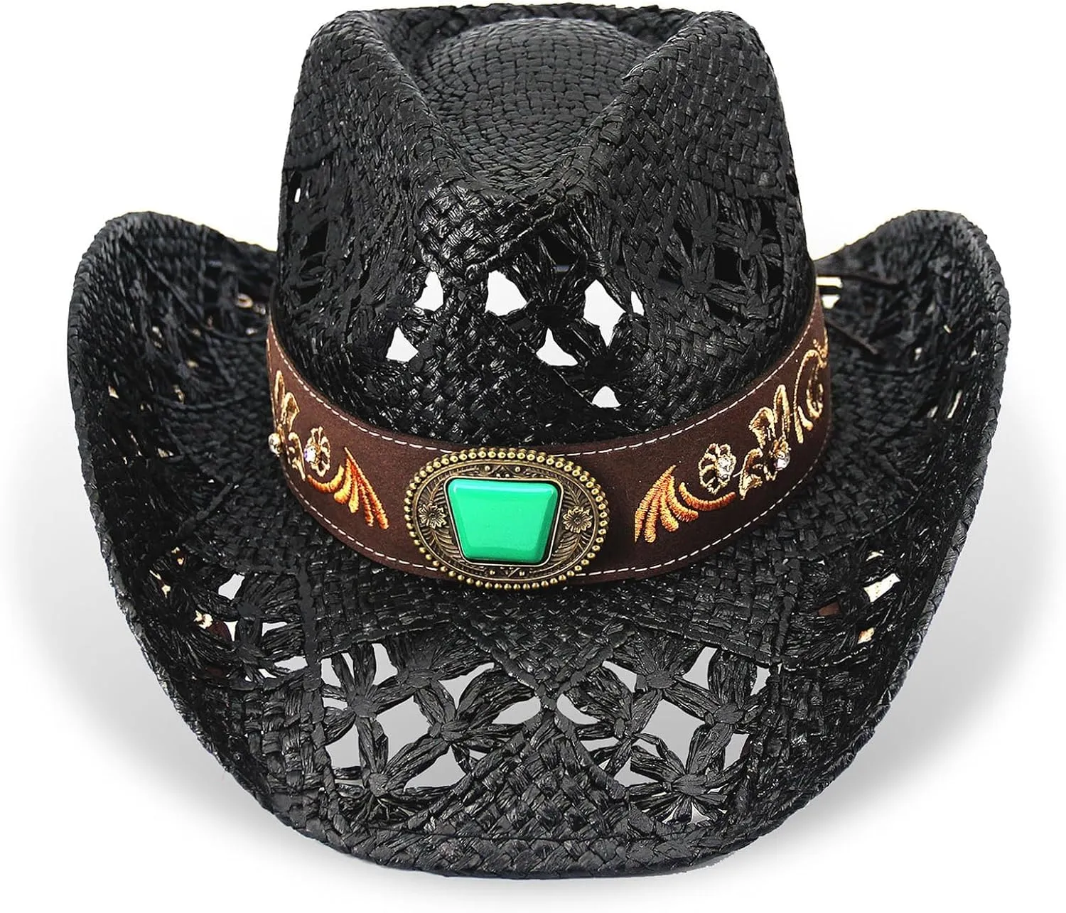 Men's Western Cowboy Hats，Women Cowgirl Straw Hats，Faux Suede Embroidered Sun Hats