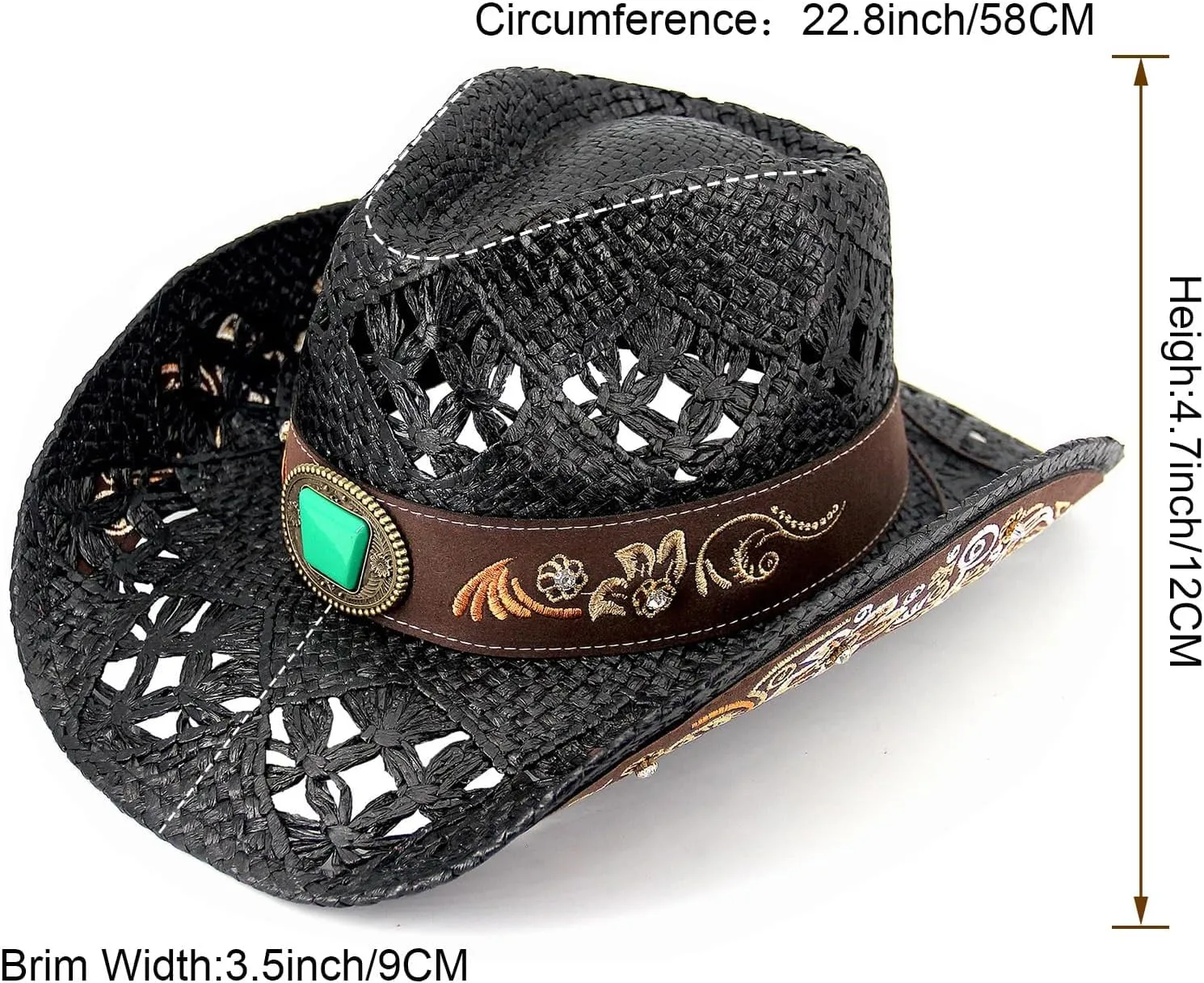 Men's Western Cowboy Hats，Women Cowgirl Straw Hats，Faux Suede Embroidered Sun Hats