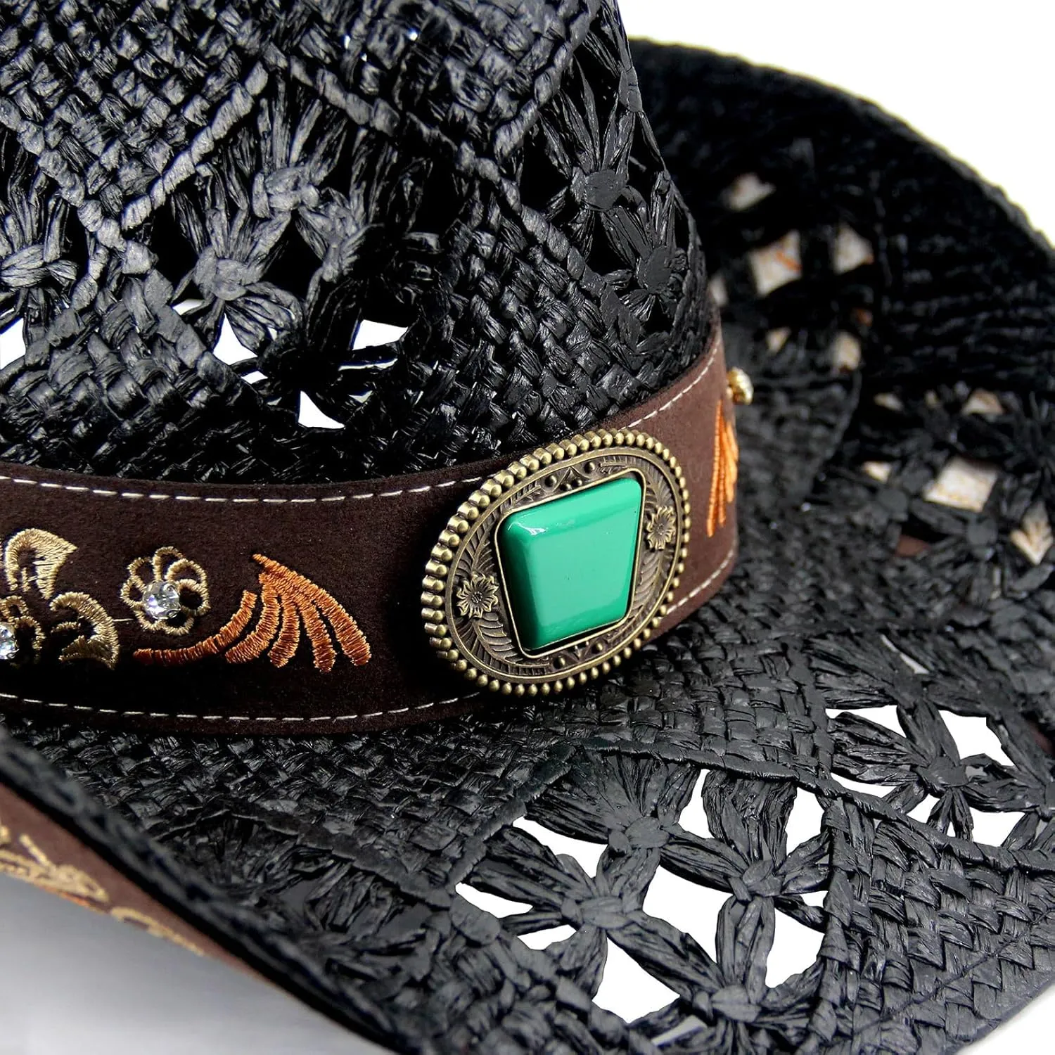 Men's Western Cowboy Hats，Women Cowgirl Straw Hats，Faux Suede Embroidered Sun Hats