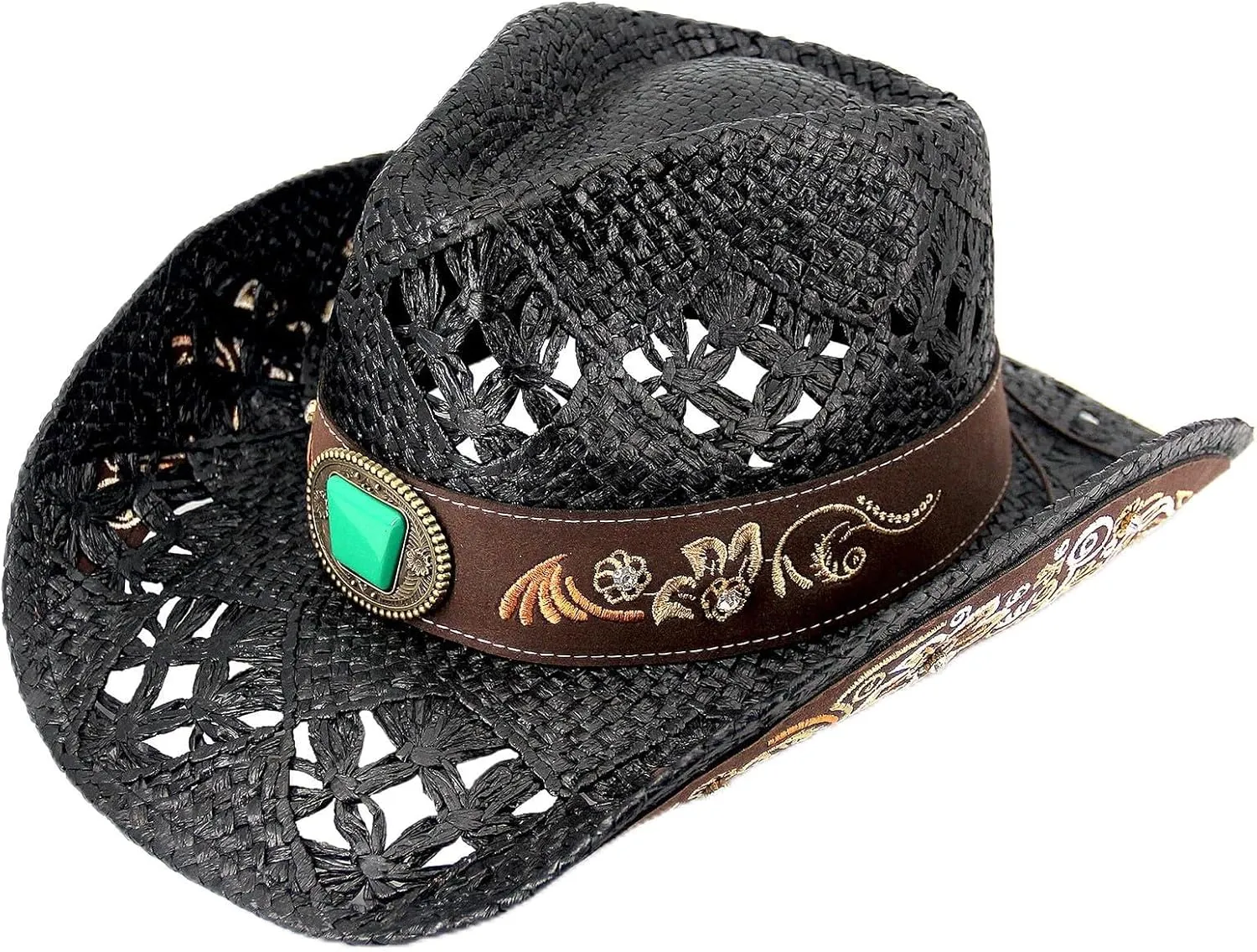 Men's Western Cowboy Hats，Women Cowgirl Straw Hats，Faux Suede Embroidered Sun Hats