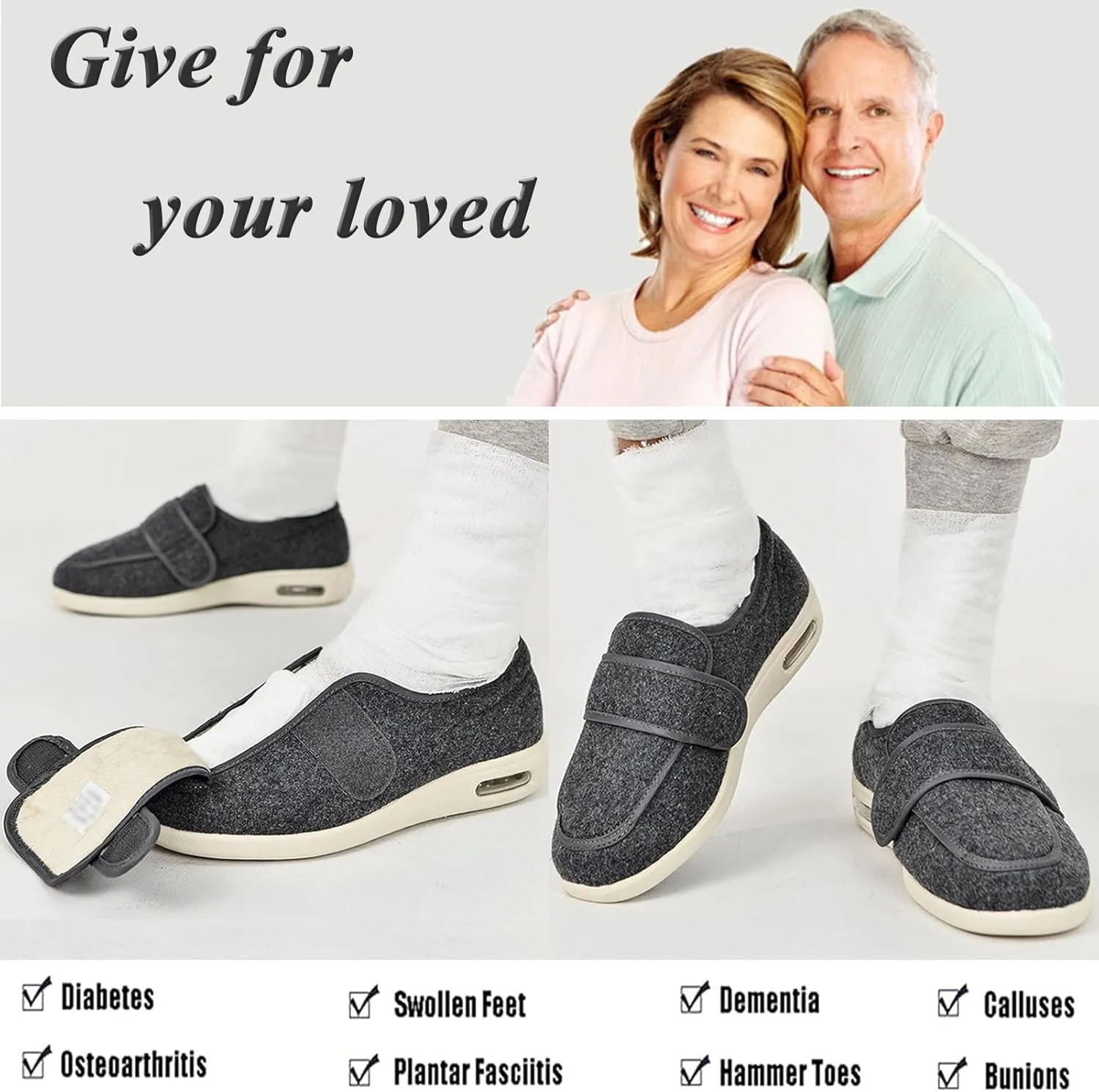 Mens Womens Diabetic Shoes Adjustable, Walking Shoes Wide Lightweight Widening for Elderly Swollen Feet Non Slip, Indoor Outdoor Shoes