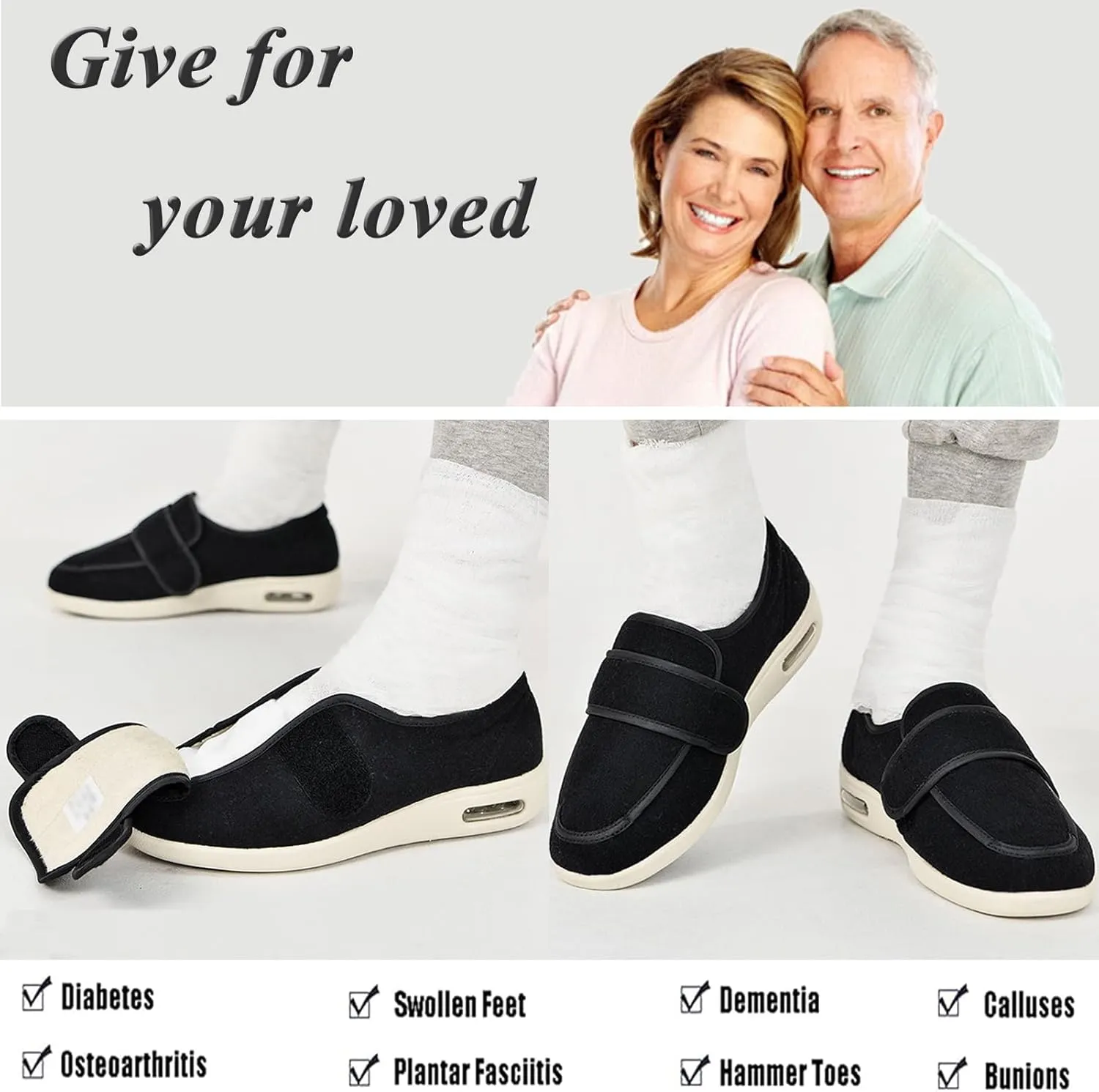 Mens Womens Diabetic Shoes Adjustable, Walking Shoes Wide Lightweight Widening for Elderly Swollen Feet Non Slip, Indoor Outdoor Shoes