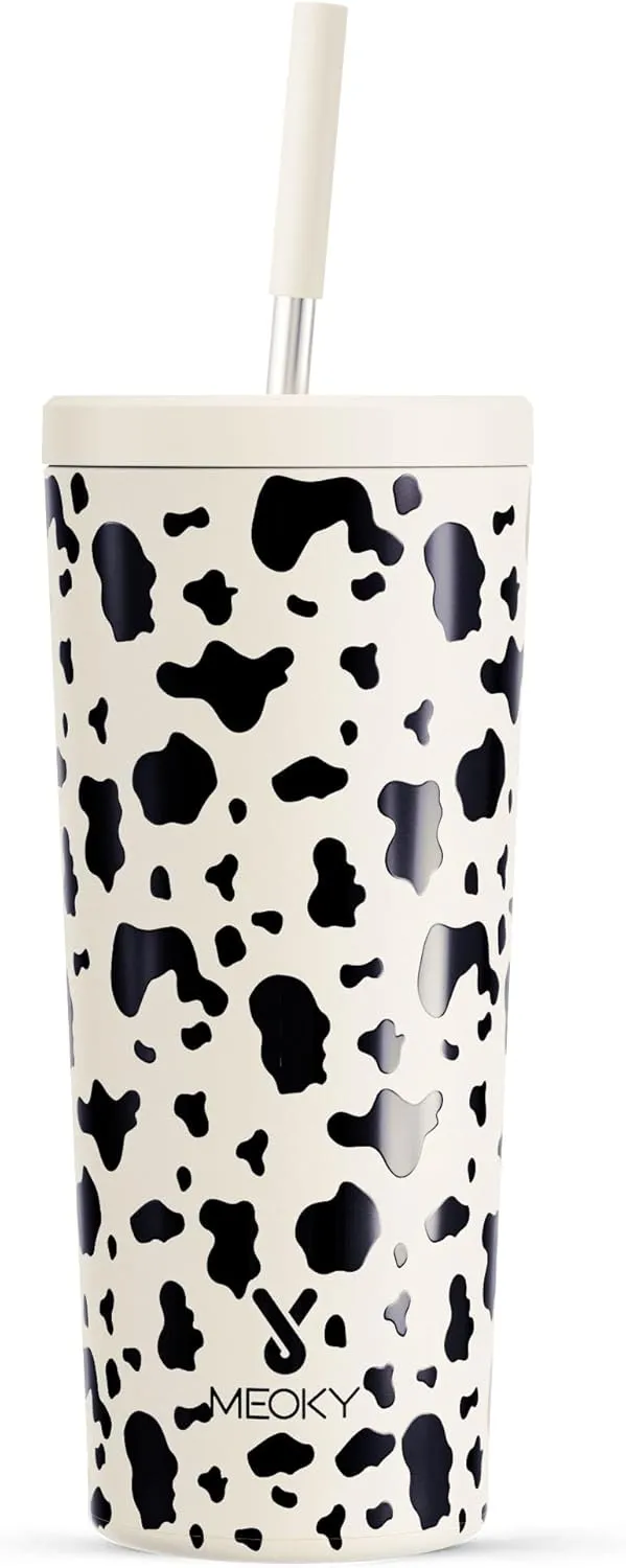 Meoky 24 oz Insulated Tumbler with Lid and Straw, Stainless Steel Vacuum Insulated Tumbler, Keeps Cold for 24 Hours, 100% Leak Proof, Fits in Car Cup Holder (Cow)