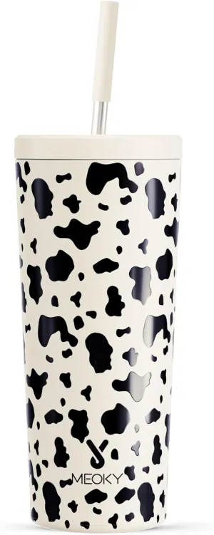 Meoky 24 oz Insulated Tumbler with Lid and Straw, Stainless Steel Vacuum Insulated Tumbler, Keeps Cold for 24 Hours, 100% Leak Proof, Fits in Car Cup Holder (Cow)