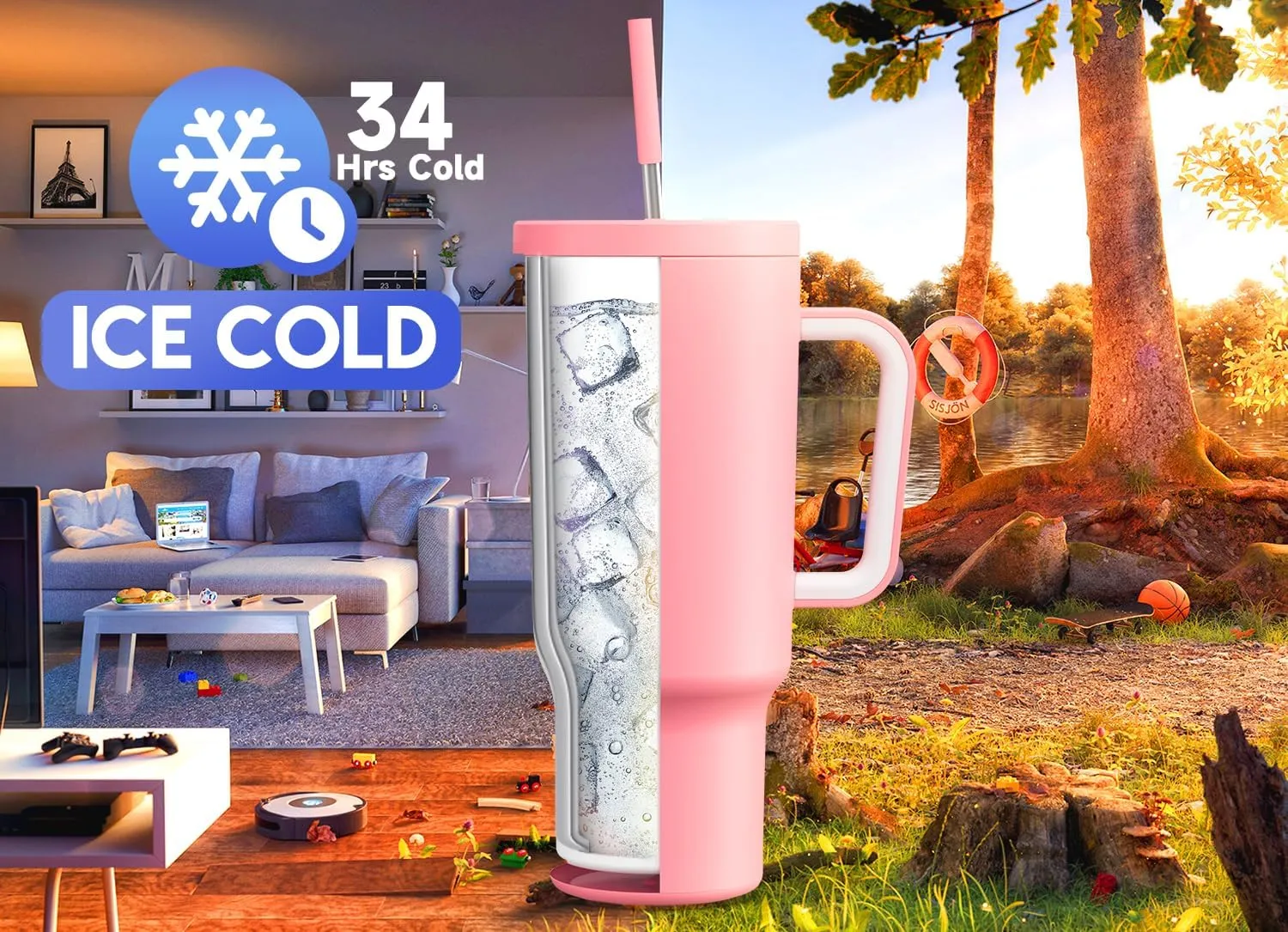 Meoky 40 oz Tumbler with Handle and Straw, Tumbler with Lid and Straw, Insulated Stainless Steel Travel Mug, 100% Leak-proof, Keeps Cold for 34 Hours or Hot for 10 Hours (Blush)