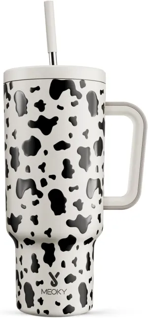 Meoky 40 oz Tumbler with Handle and Straw, Tumbler with Lid and Straw, Insulated Stainless Steel Travel Mug, 100% Leak-proof, Keeps Cold for 34 Hours or Hot for 10 Hours (Cow)