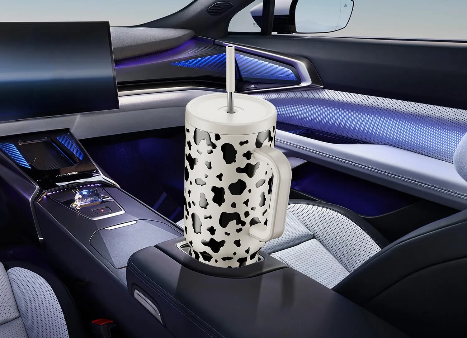 Meoky 40 oz Tumbler with Handle and Straw, Tumbler with Lid and Straw, Insulated Stainless Steel Travel Mug, 100% Leak-proof, Keeps Cold for 34 Hours or Hot for 10 Hours (Cow)