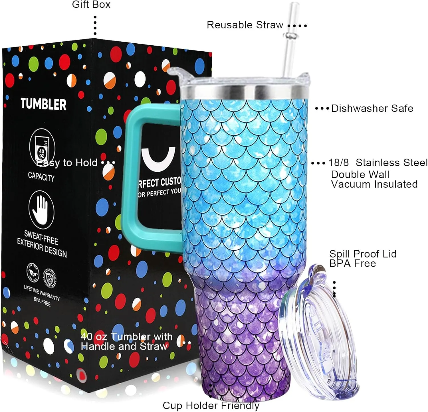 Mermaid Cup 40 oz Tumbler with Handle and Straw Lid Leak Proof, Mermaid Coffee Travel Mug Gifts for Women Girl Daughter Best Friend Sister Mothers Day Gifts for Mom