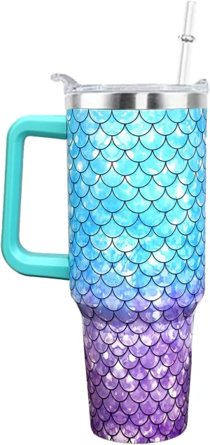 Mermaid Cup 40 oz Tumbler with Handle and Straw Lid Leak Proof, Mermaid Coffee Travel Mug Gifts for Women Girl Daughter Best Friend Sister Mothers Day Gifts for Mom