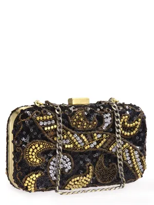 Metallic Thread & Sequins Embellished Box Clutch