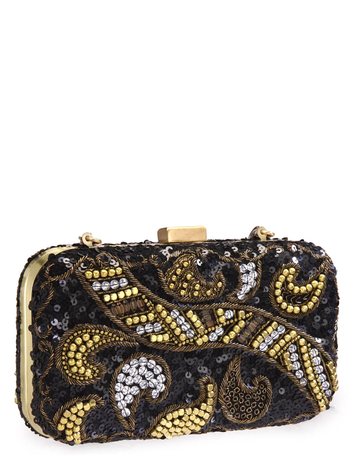 Metallic Thread & Sequins Embellished Box Clutch