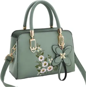 Metro Tote Bag,Elegant Floral Pattern Handbag, Women's Fashion Faux Leather Shoulder Bag, Trendy Double Handle Purse (Color : Green)