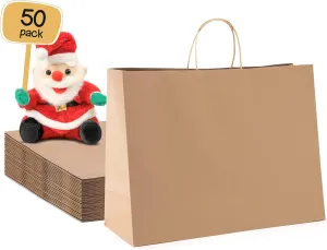 METRONIC Gift Bags with Handles,16x6x12 Inch Recyclable Brown Paper Bag 50 Pack, Kraft Shopping for Business Grocery (Bulk)