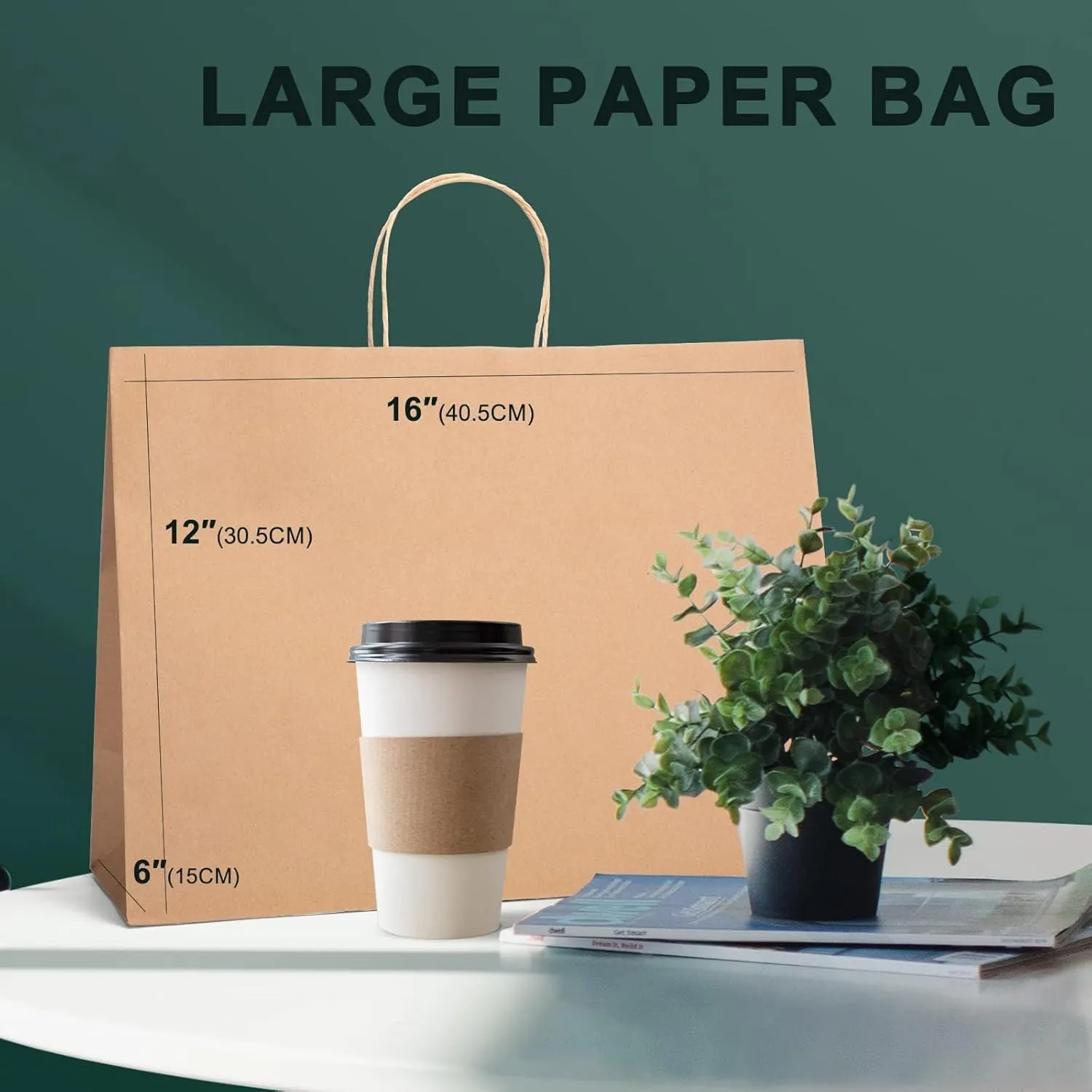 METRONIC Gift Bags with Handles,16x6x12 Inch Recyclable Brown Paper Bag 50 Pack, Kraft Shopping for Business Grocery (Bulk)