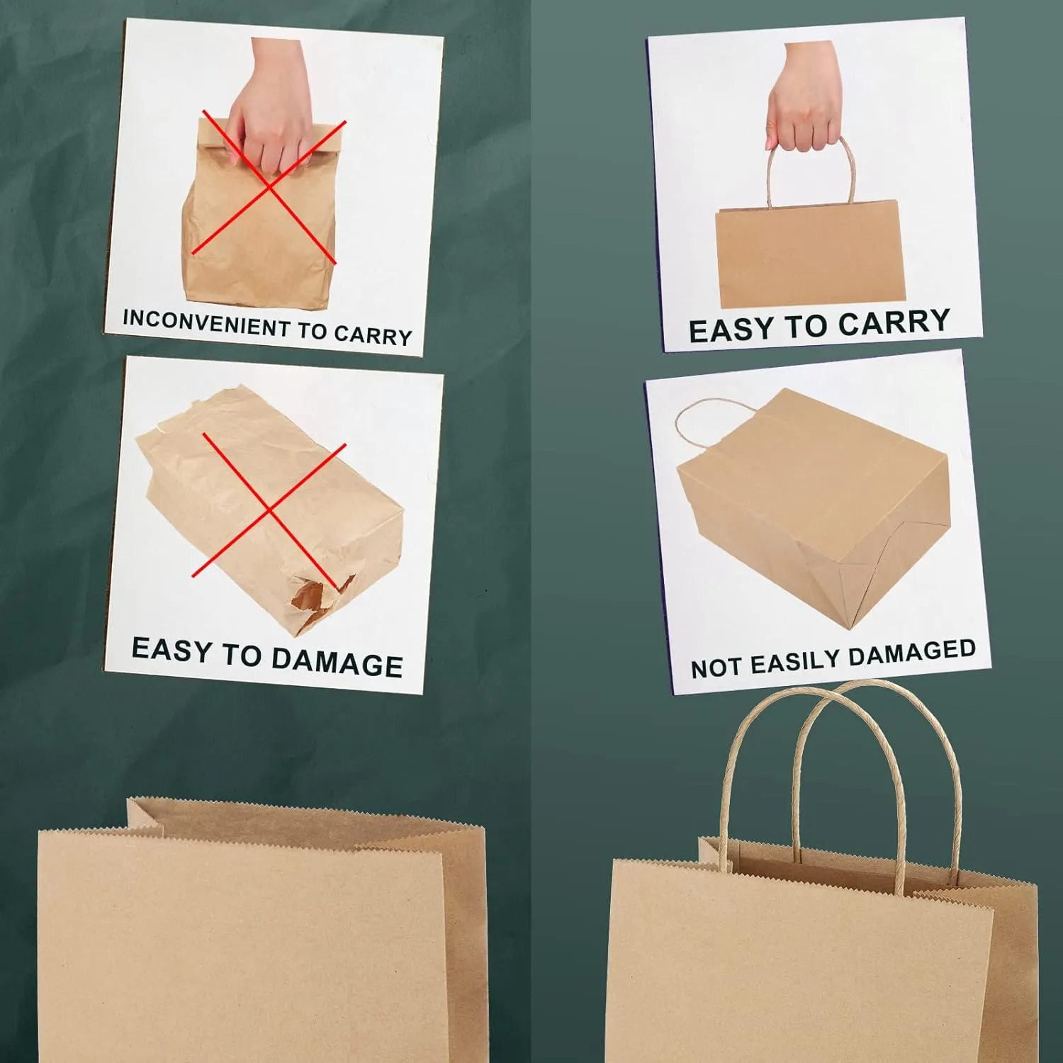 METRONIC Gift Bags with Handles,16x6x12 Inch Recyclable Brown Paper Bag 50 Pack, Kraft Shopping for Business Grocery (Bulk)