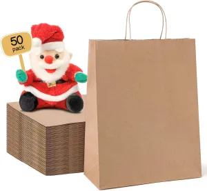 METRONIC Paper Gift Bags 10x5x13, 50pcs Brown Kraft Bags with Handles, Heavy Duty, Eco-friendly, Perfect for Gift Giving, Christmas, DIY, Retail, Merchandise