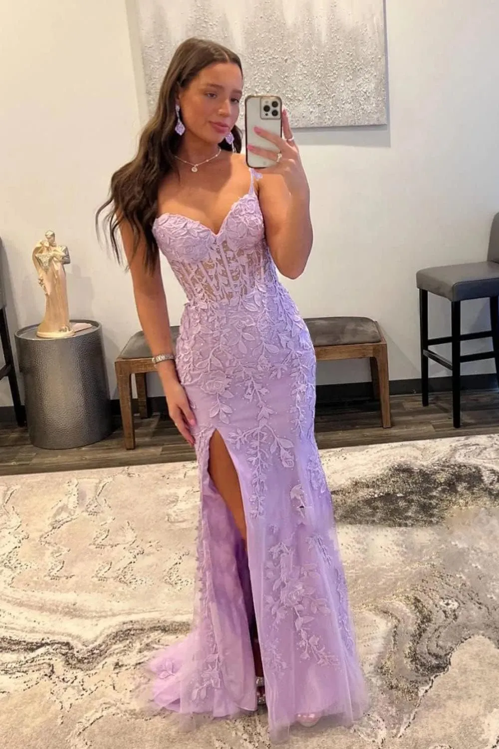 Miao Duo Women's Lace Mermaid Prom Dresses Long with Slit Mermaid Spaghetti Straps Backless Formal Evening Gowns YZTS099